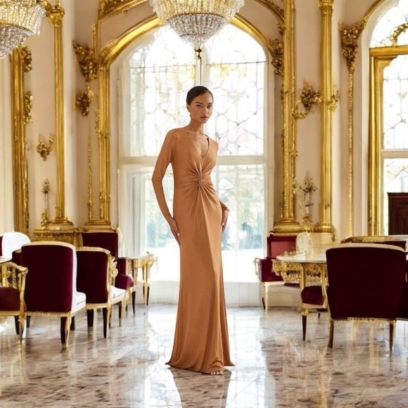 NWT Women Dress Lauren Ralph Lauren Twisted Gold Metallic Jersey Gown Maxi Dress - Picture 1 of 10
